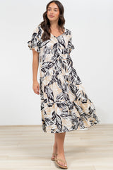 Audrina Midi Dress -  V-Neck Tiered Linen Dress with Pockets in Chicago Print