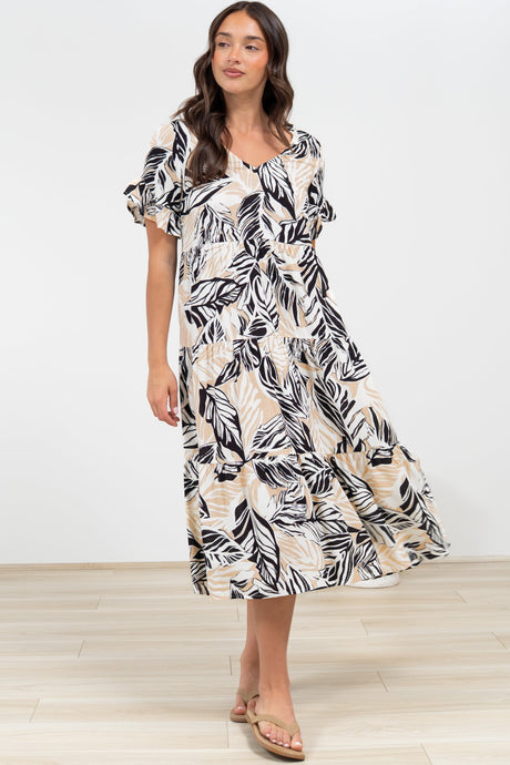 Audrina Midi Dress -  V-Neck Tiered Linen Dress with Pockets in Chicago Print