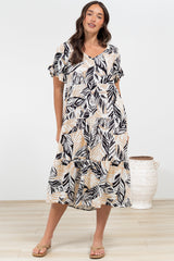 Audrina Midi Dress -  V-Neck Tiered Linen Dress with Pockets in Chicago Print