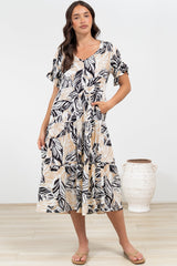 Audrina Midi Dress -  V-Neck Tiered Linen Dress with Pockets in Chicago Print