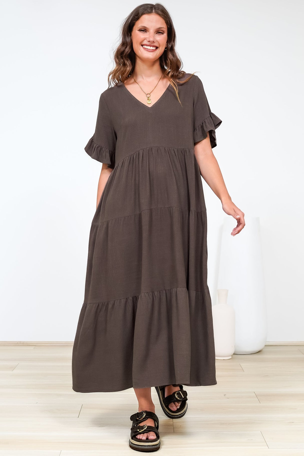 Audrina Midi Dress -  V-Neck Tiered Linen Dress with Pockets in Chocolate