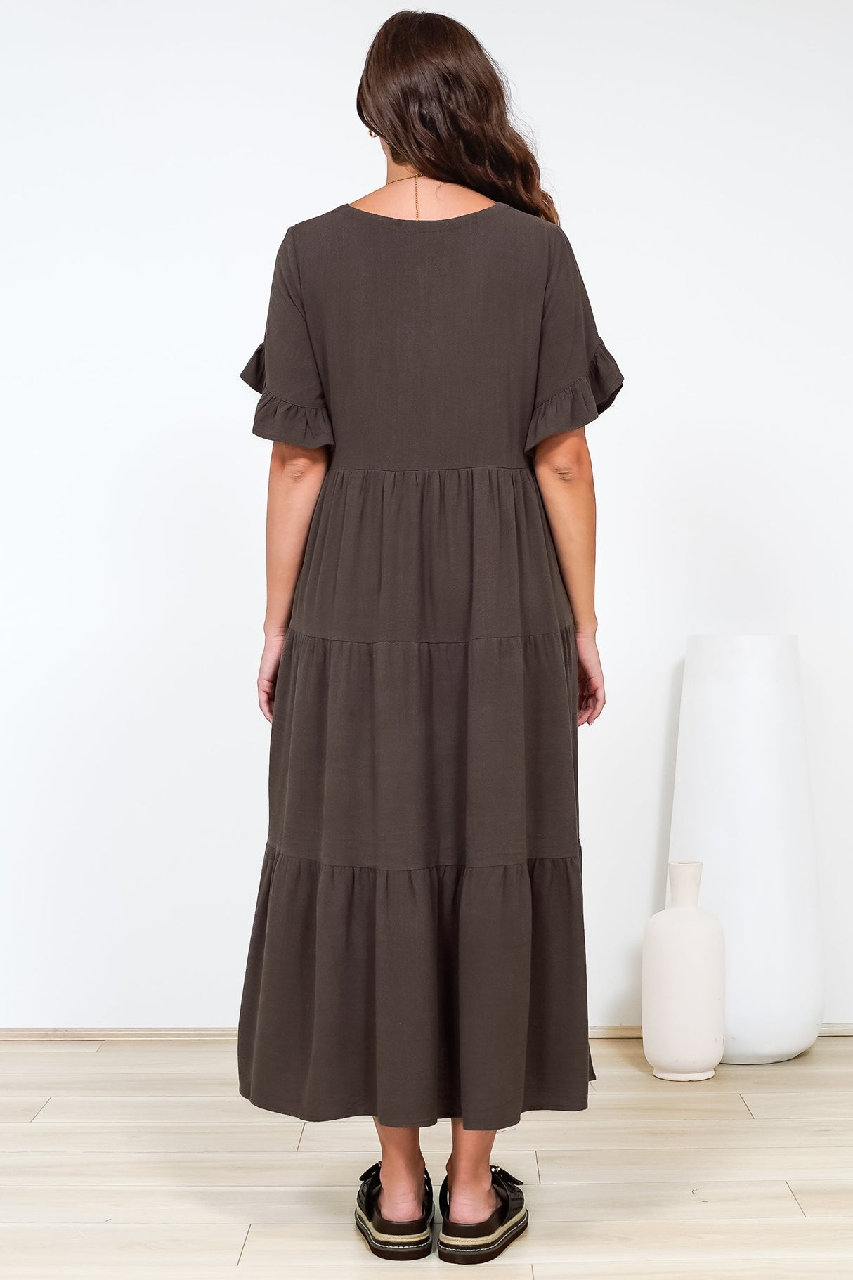 Audrina Midi Dress -  V-Neck Tiered Linen Dress with Pockets in Chocolate