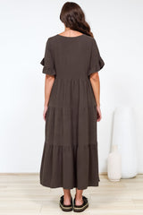 Audrina Midi Dress -  V-Neck Tiered Linen Dress with Pockets in Chocolate
