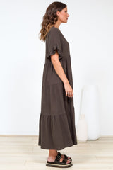 Audrina Midi Dress -  V-Neck Tiered Linen Dress with Pockets in Chocolate