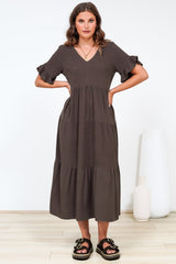 Audrina Midi Dress -  V-Neck Tiered Linen Dress with Pockets in Chocolate