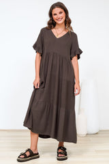Audrina Midi Dress -  V-Neck Tiered Linen Dress with Pockets in Chocolate