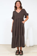 Audrina Midi Dress -  V-Neck Tiered Linen Dress with Pockets in Chocolate