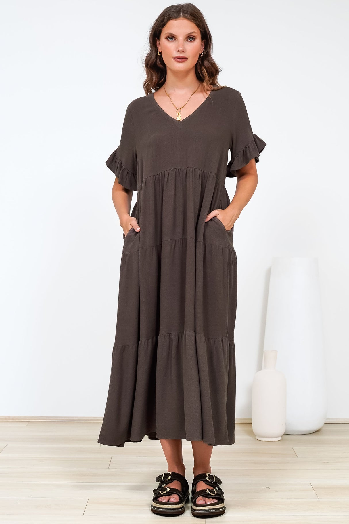 Audrina Midi Dress -  V-Neck Tiered Linen Dress with Pockets in Chocolate