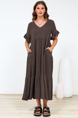Audrina Midi Dress -  V-Neck Tiered Linen Dress with Pockets in Chocolate