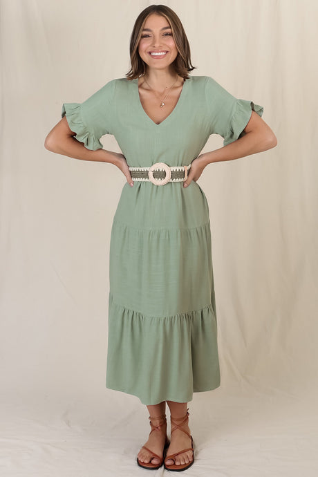 Audrina Midi Dress - Pull Over V Neck Tiered Dress with Pockets in Sage