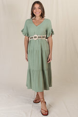 Audrina Midi Dress - Pull Over V Neck Tiered Dress with Pockets in Sage