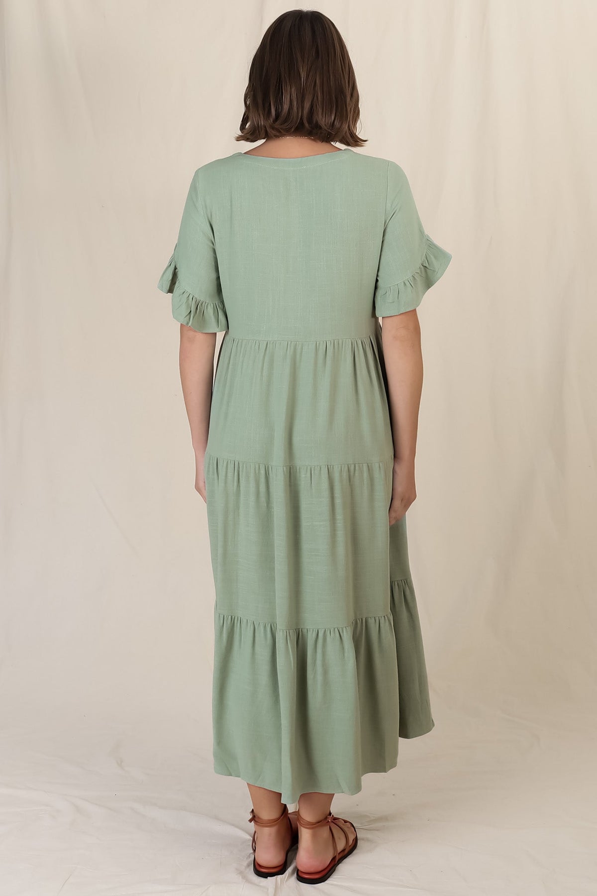 Audrina Midi Dress - Pull Over V Neck Tiered Dress with Pockets in Sage