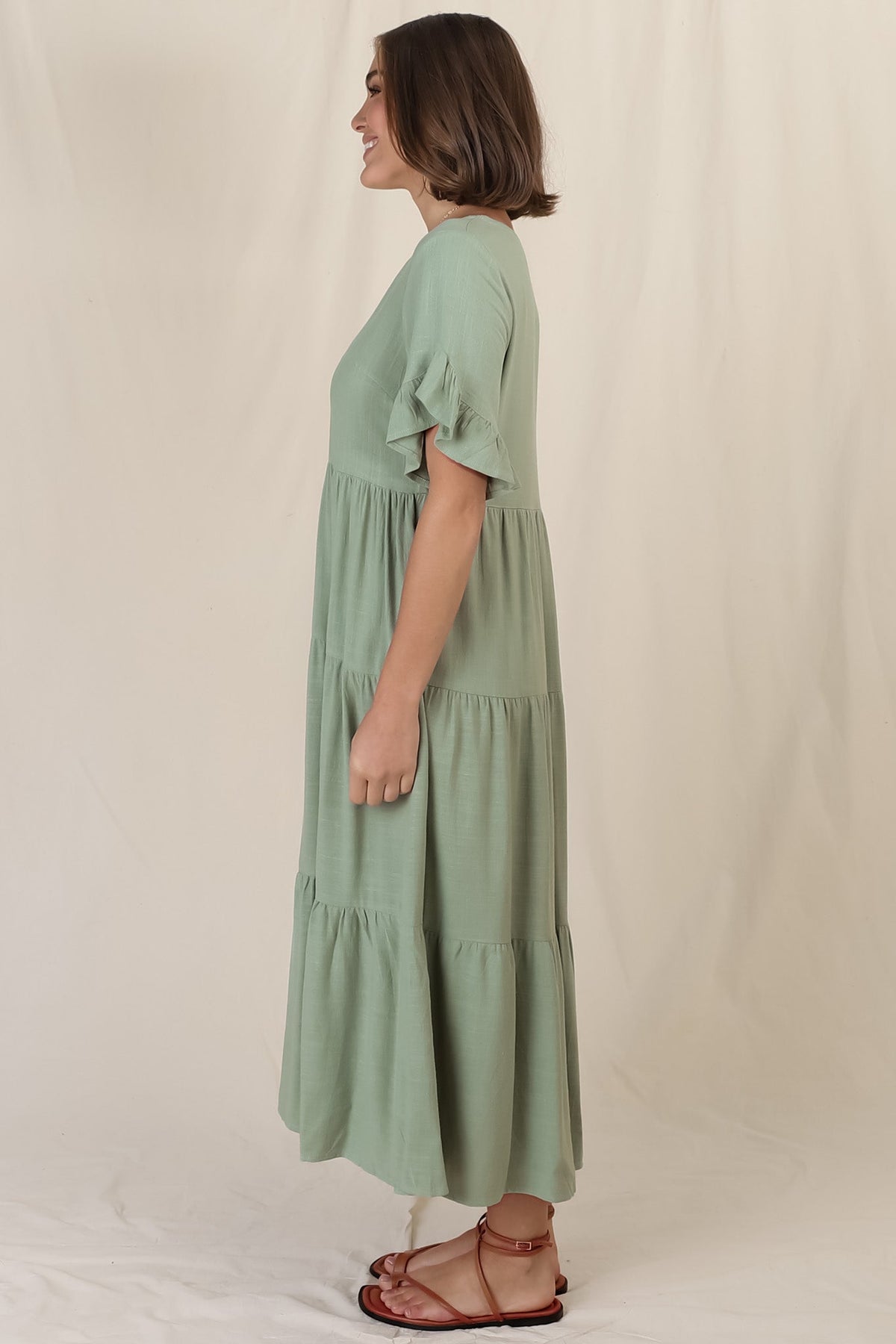 Audrina Midi Dress - Pull Over V Neck Tiered Dress with Pockets in Sage