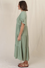 Audrina Midi Dress - Pull Over V Neck Tiered Dress with Pockets in Sage