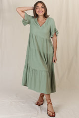 Audrina Midi Dress - Pull Over V Neck Tiered Dress with Pockets in Sage
