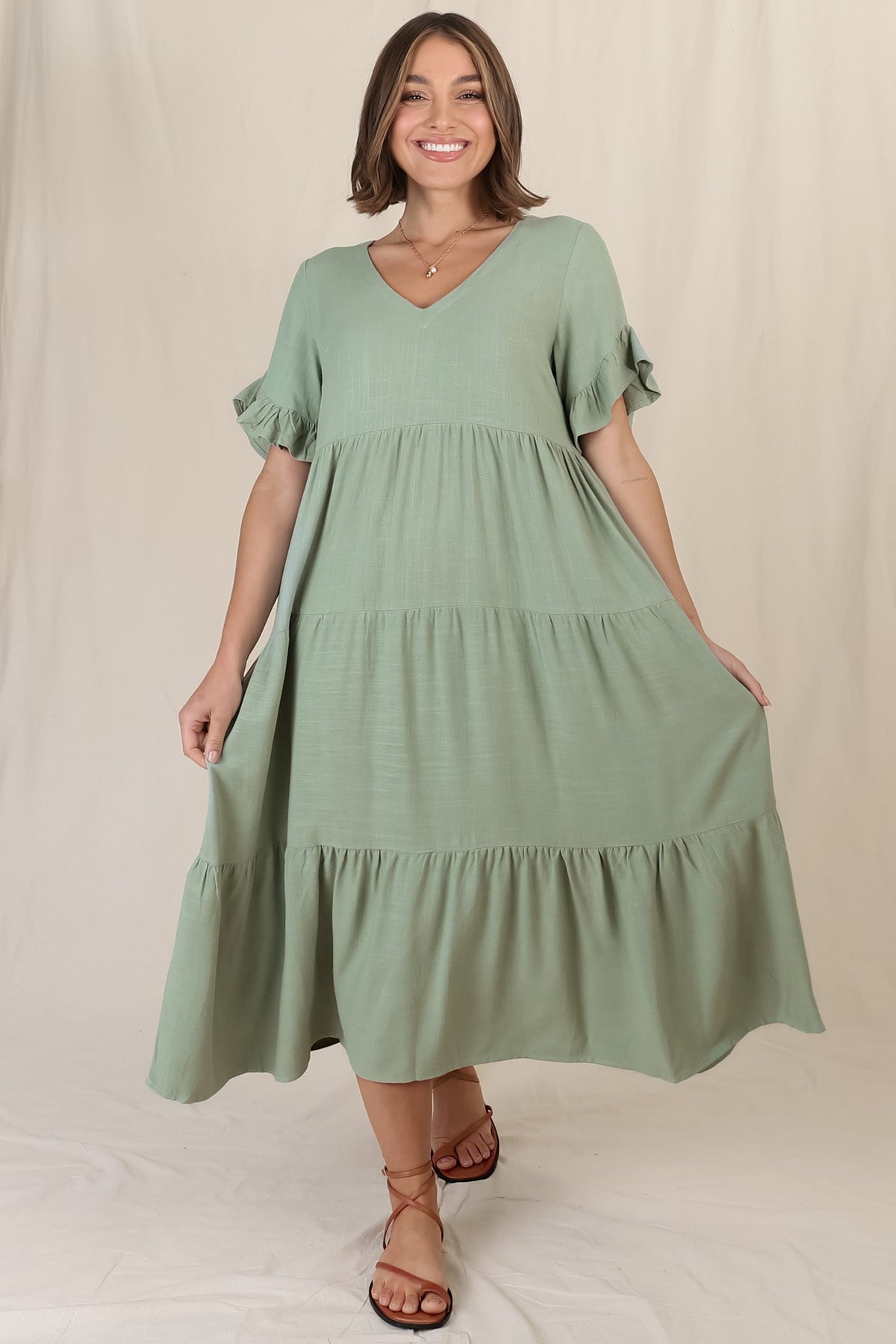 Audrina Midi Dress - Pull Over V Neck Tiered Dress with Pockets in Sage