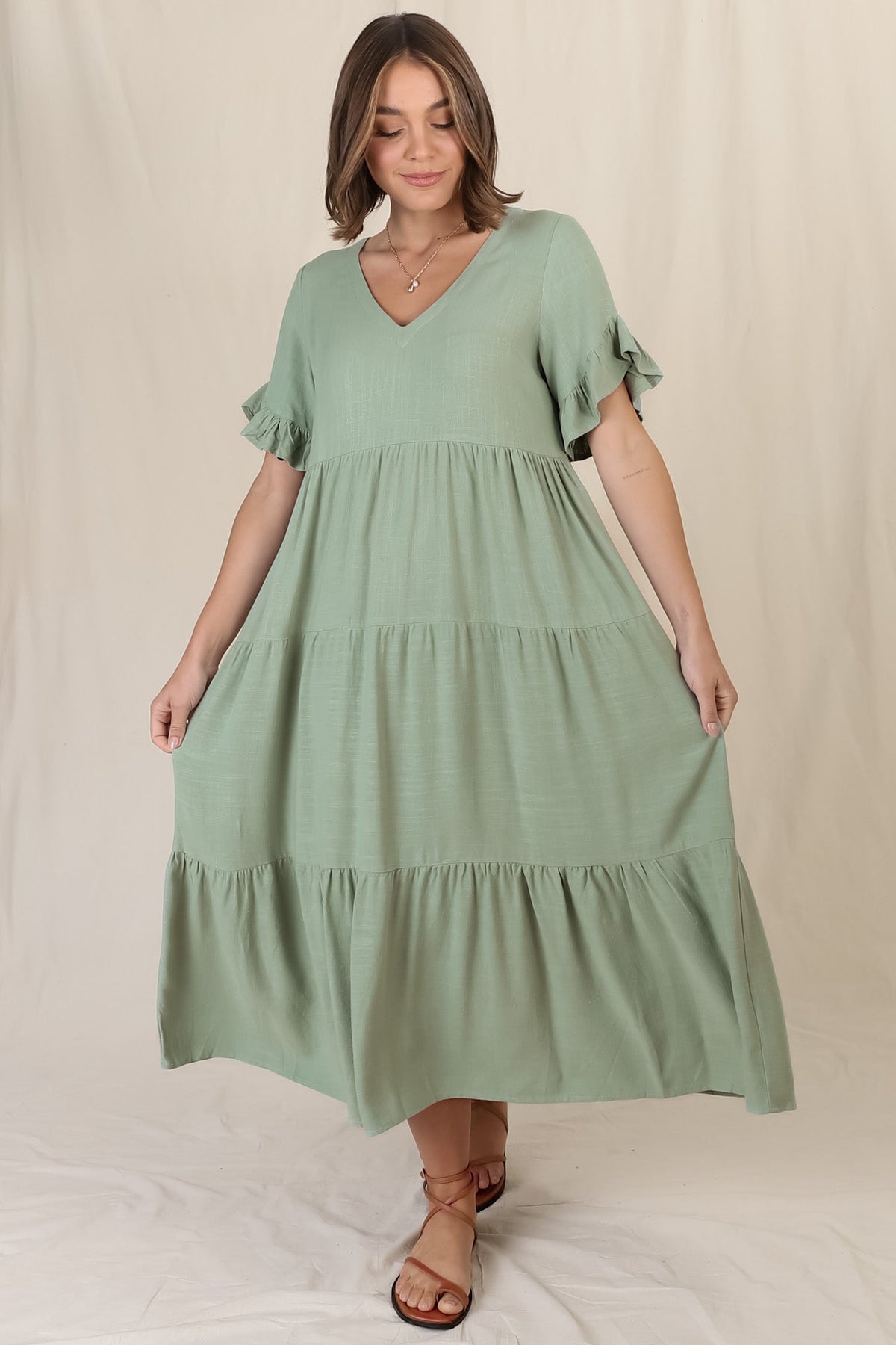 Audrina Midi Dress - Pull Over V Neck Tiered Dress with Pockets in Sage