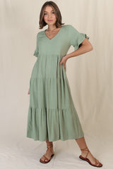 Audrina Midi Dress - Pull Over V Neck Tiered Dress with Pockets in Sage