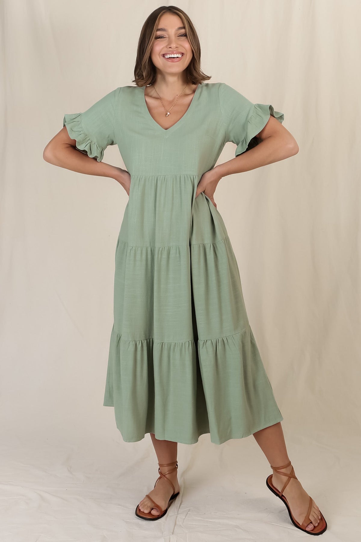 Audrina Midi Dress - Pull Over V Neck Tiered Dress with Pockets in Sage