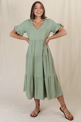 Audrina Midi Dress - Pull Over V Neck Tiered Dress with Pockets in Sage