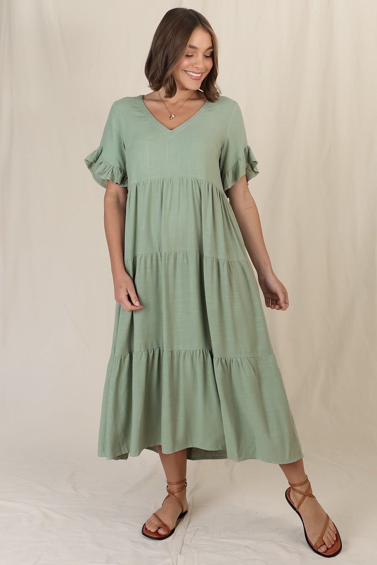 Audrina Midi Dress - Pull Over V Neck Tiered Dress with Pockets in Sage