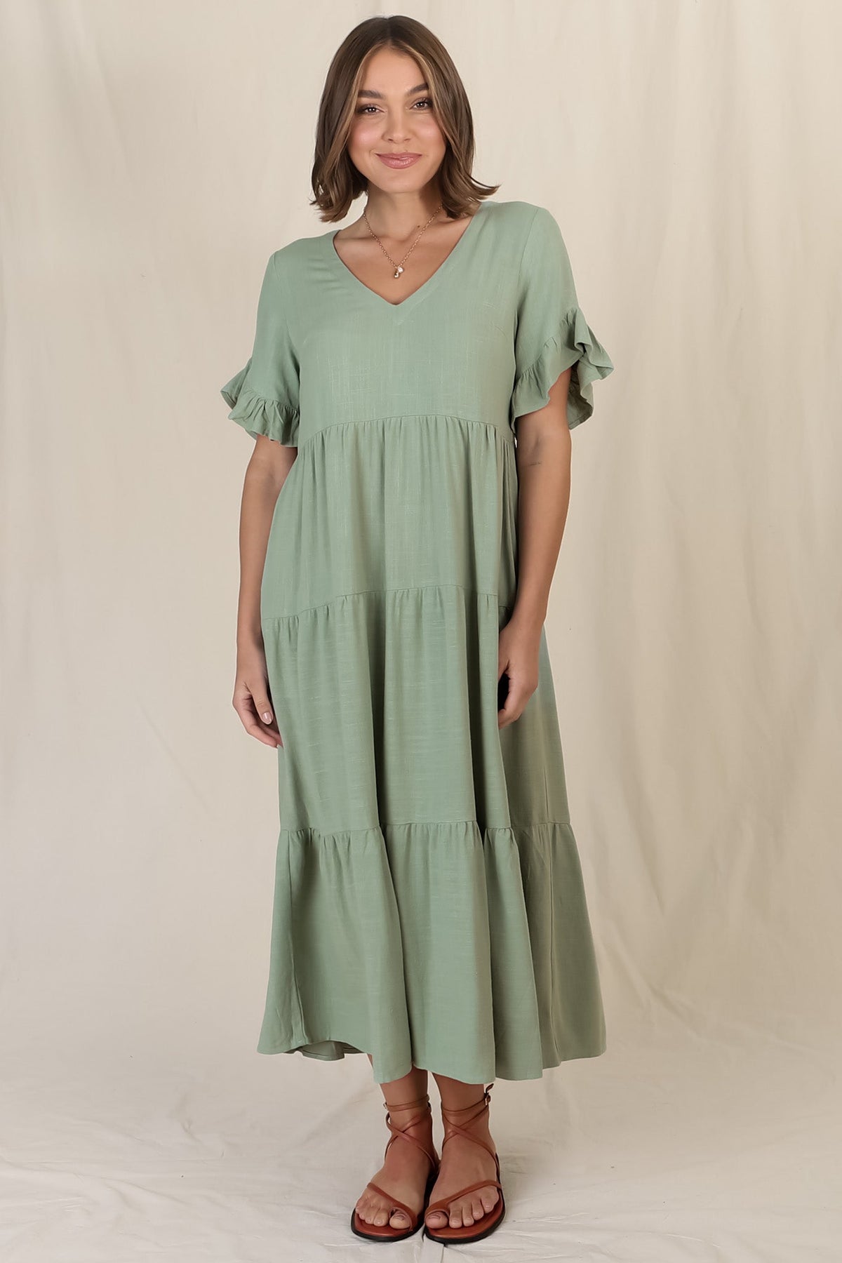 Audrina Midi Dress - Pull Over V Neck Tiered Dress with Pockets in Sage