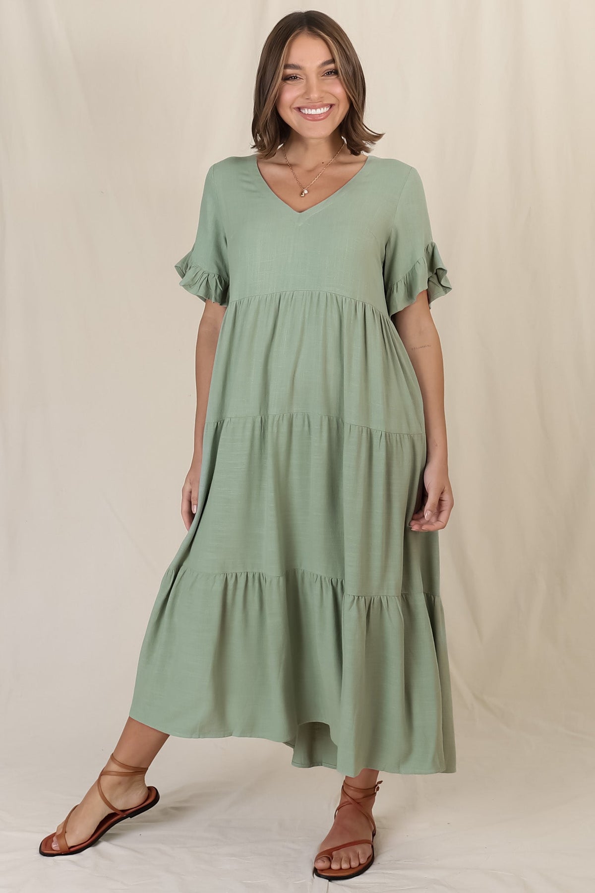 Audrina Midi Dress - Pull Over V Neck Tiered Dress with Pockets in Sage