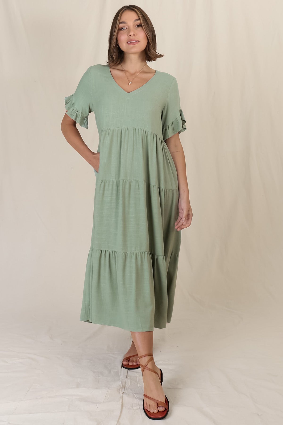 Audrina Midi Dress - Pull Over V Neck Tiered Dress with Pockets in Sage