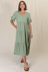 Audrina Midi Dress - Pull Over V Neck Tiered Dress with Pockets in Sage