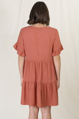 Audrina Mini Dress - Soft V Neck Tiered Dress with Pockets in Rust