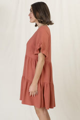 Audrina Mini Dress - Soft V Neck Tiered Dress with Pockets in Rust