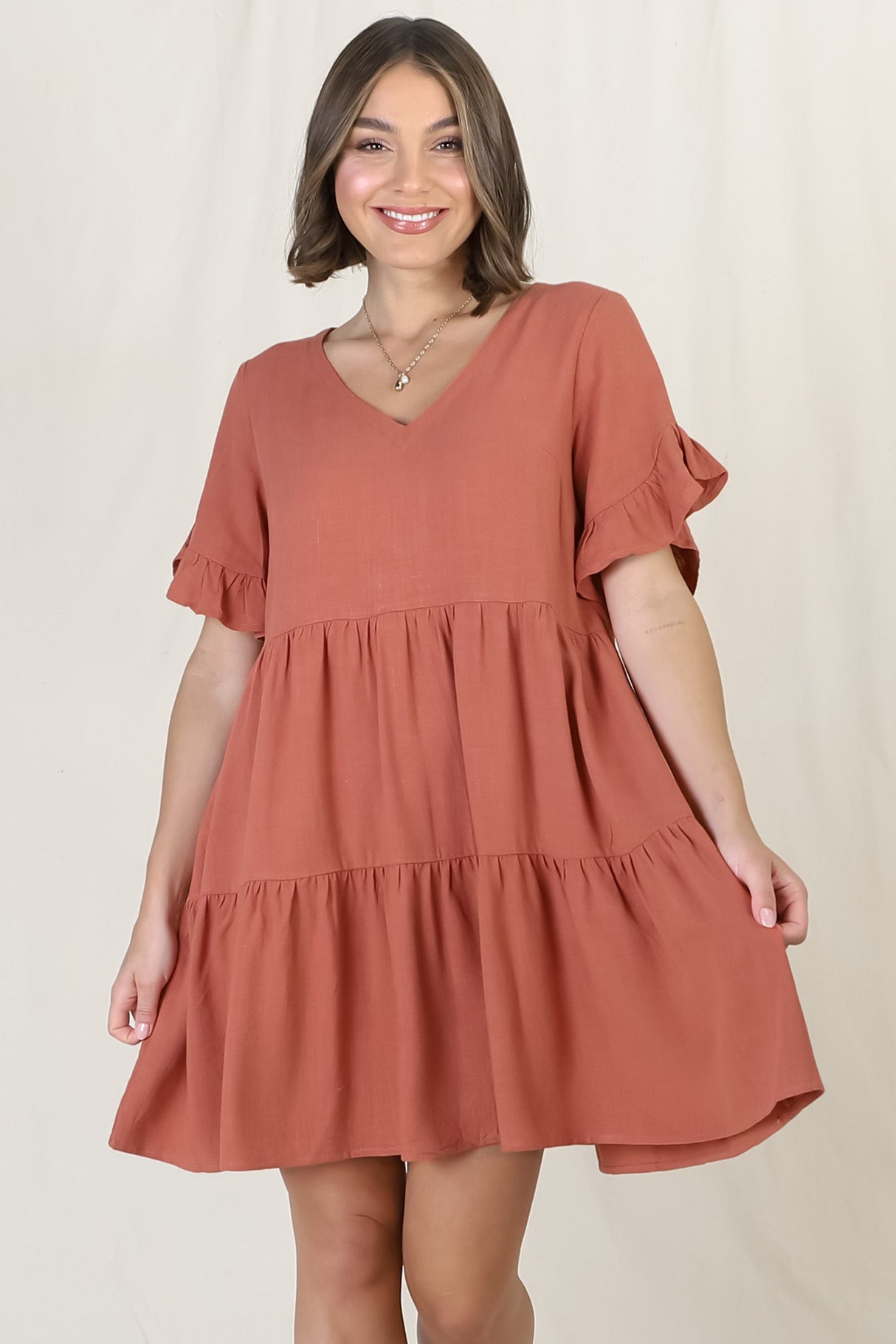 Audrina Mini Dress - Soft V Neck Tiered Dress with Pockets in Rust