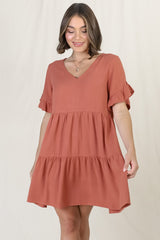 Audrina Mini Dress - Soft V Neck Tiered Dress with Pockets in Rust