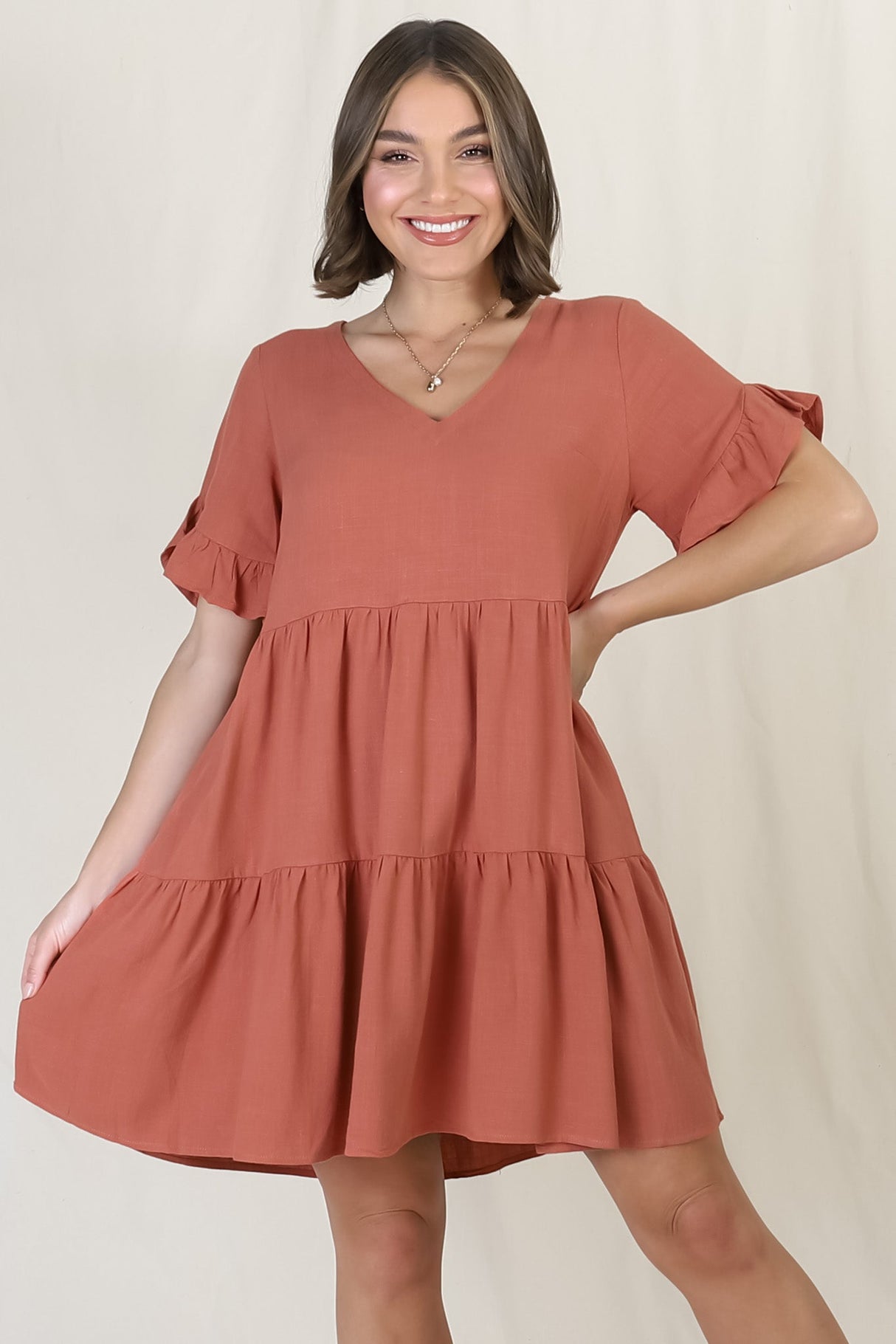 Audrina Mini Dress - Soft V Neck Tiered Dress with Pockets in Rust