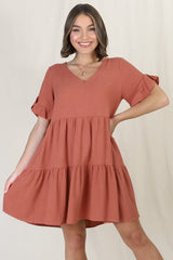Audrina Mini Dress - Soft V Neck Tiered Dress with Pockets in Rust