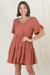 Audrina Mini Dress - Soft V Neck Tiered Dress with Pockets in Rust