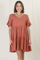 Audrina Mini Dress - Soft V Neck Tiered Dress with Pockets in Rust