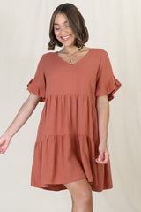 Audrina Mini Dress - Soft V Neck Tiered Dress with Pockets in Rust