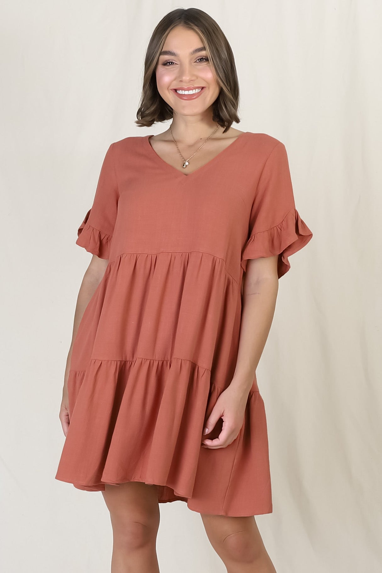 Audrina Mini Dress - Soft V Neck Tiered Dress with Pockets in Rust
