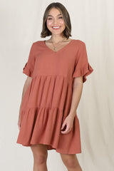 Audrina Mini Dress - Soft V Neck Tiered Dress with Pockets in Rust