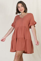 Audrina Mini Dress - Soft V Neck Tiered Dress with Pockets in Rust