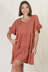 Audrina Mini Dress - Soft V Neck Tiered Dress with Pockets in Rust