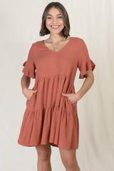 Audrina Mini Dress - Soft V Neck Tiered Dress with Pockets in Rust