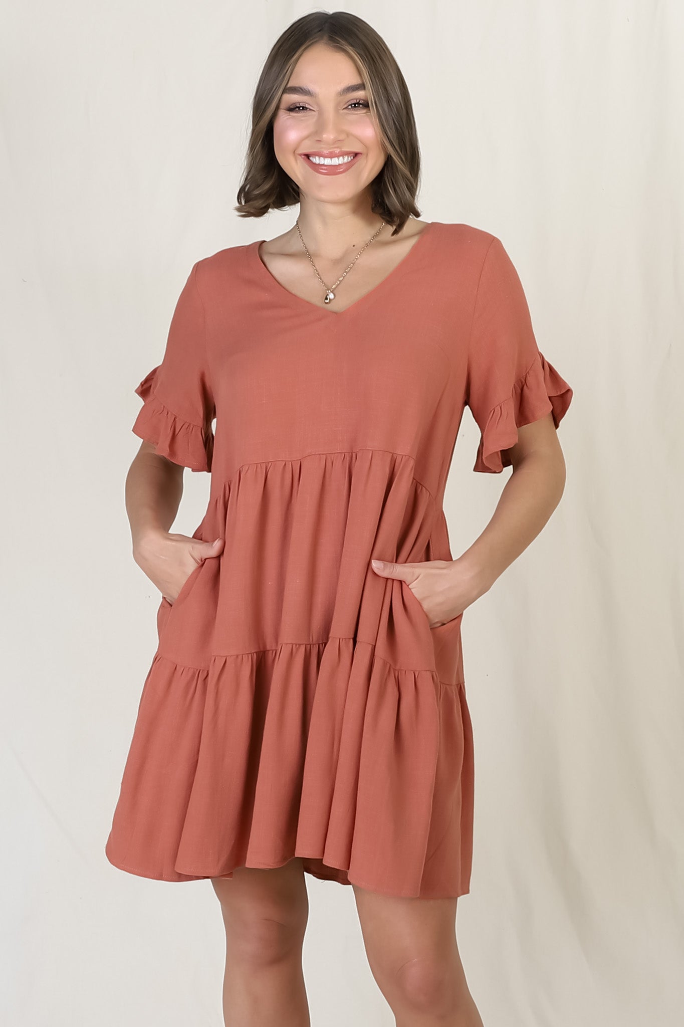 Audrina Mini Dress Soft V Neck Tiered Dress Pockets