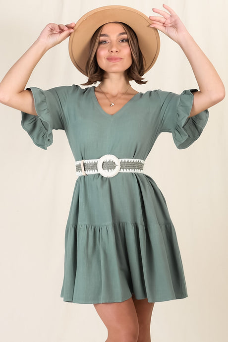 Audrina Mini Dress - Pull Over V Neck Tiered Dress with Pockets in Sage