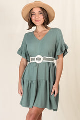 Audrina Mini Dress - Pull Over V Neck Tiered Dress with Pockets in Sage
