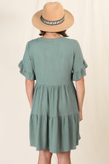 Audrina Mini Dress - Pull Over V Neck Tiered Dress with Pockets in Sage