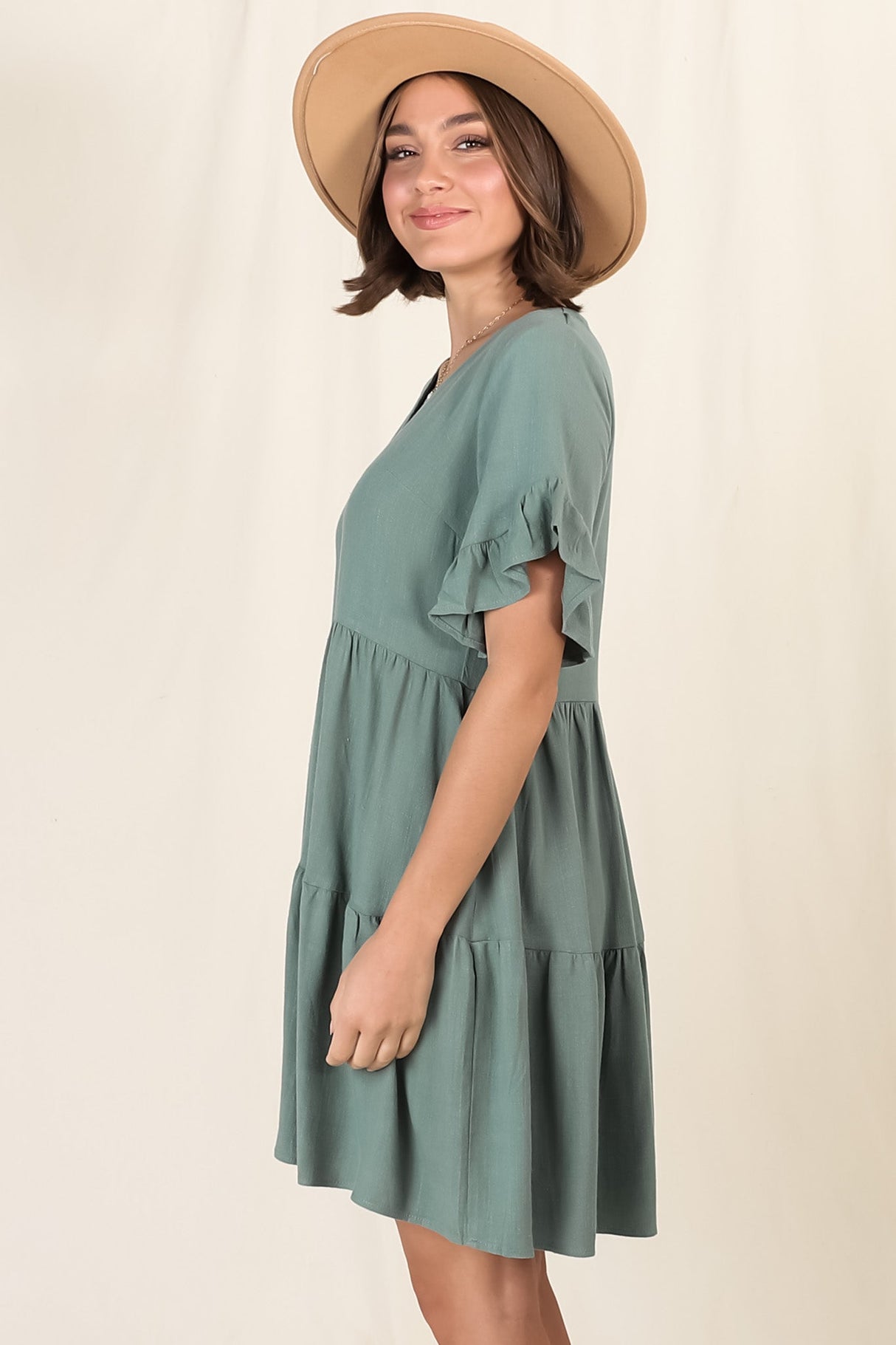 Audrina Mini Dress - Pull Over V Neck Tiered Dress with Pockets in Sage