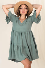 Audrina Mini Dress - Pull Over V Neck Tiered Dress with Pockets in Sage