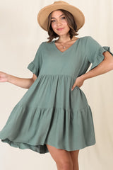 Audrina Mini Dress - Pull Over V Neck Tiered Dress with Pockets in Sage